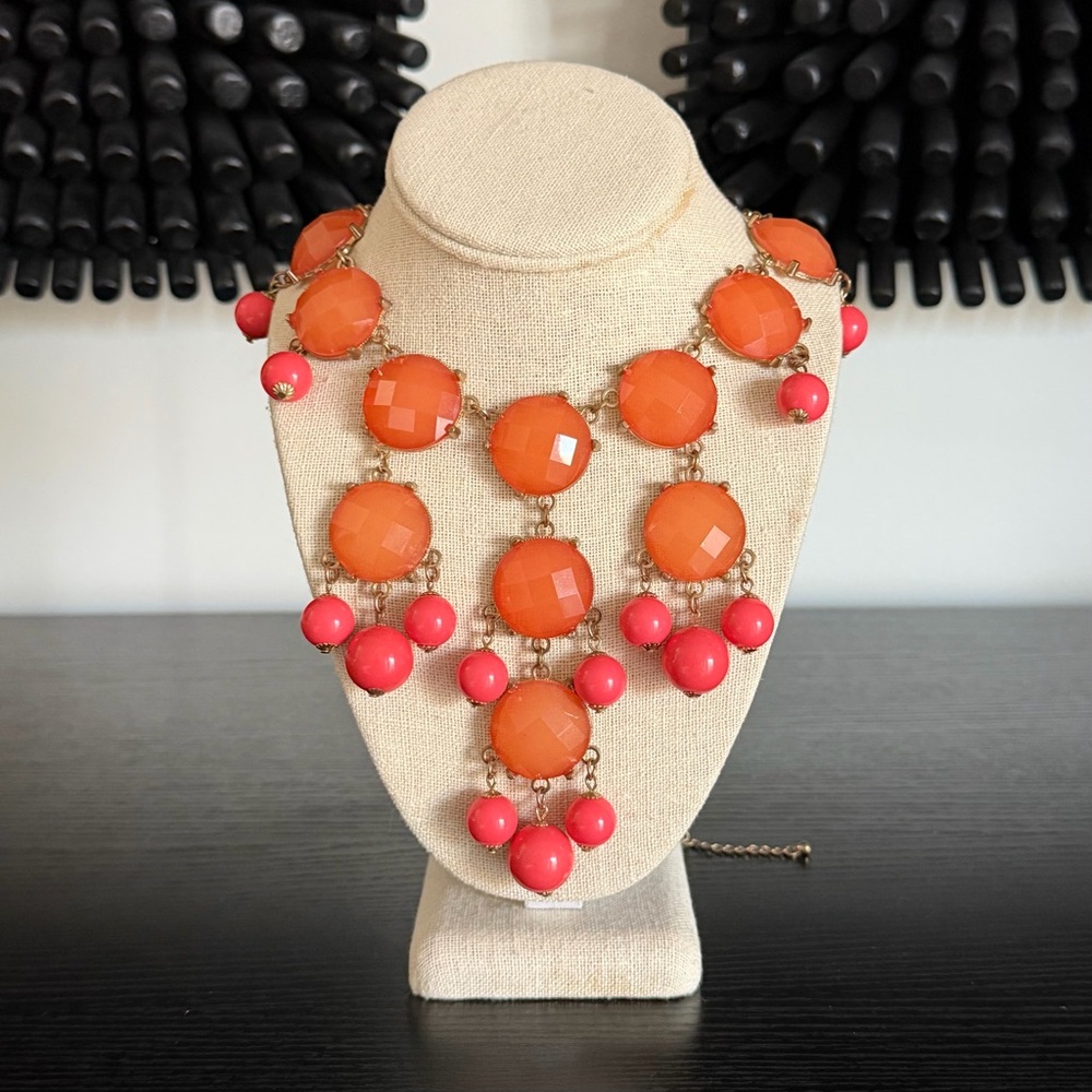 Vintage Orange Faceted Stones and Coral-colored Beads Bubble Statement Necklace